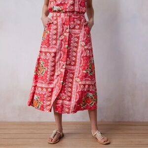 LC Lauren Conrad Red Floral Midi Skirt